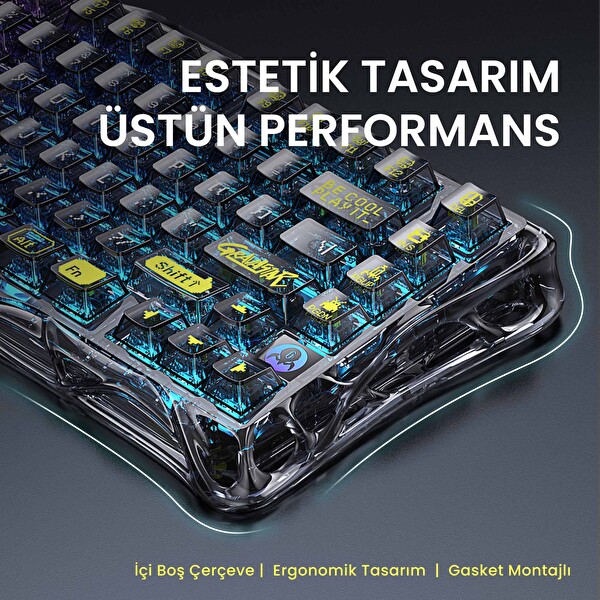 GravaStar K1 Lite Mekanik Gaming Klavye M2 Kablosuz Optik Mouse ve Mousepad Oyuncu Seti Transparent Black