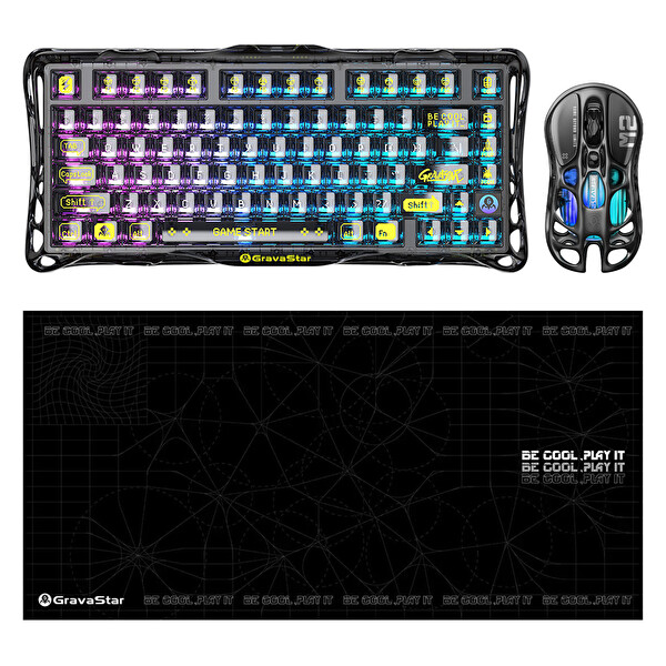 GravaStar K1 Lite Mekanik Gaming Klavye M2 Kablosuz Optik Mouse ve Mousepad Oyuncu Seti Stealth Black
