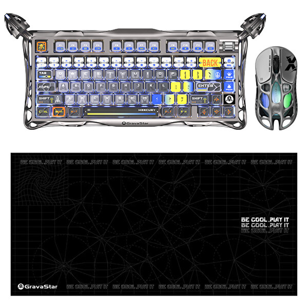 GravaStar K1 Pro Mekanik Gaming Klavye X Kablosuz Optik Mouse Ve Mousepad Oyuncu Seti - Interstellar Gümüş
