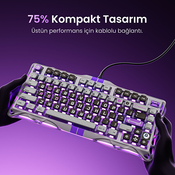 GravaStar V75 Manyetik Kablolu Gaming Klavye XPro Kablosuz Optik Mouse ve Mousepad Oyuncu Seti Mecha Gray