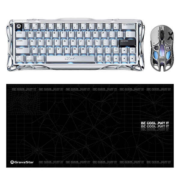 GravaStar V60 Pro Manyetik Kablolu Gaming Klavye XPro Kablosuz Optik Mouse ve Mousepad Oyuncu Seti Chrome Silver