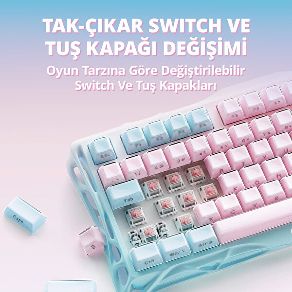 GravaStar Mercury K1 Lite Mekanik Gaming Klavye ve M1 Pro Kablosuz Optik Mouse Seti Lumen Rose