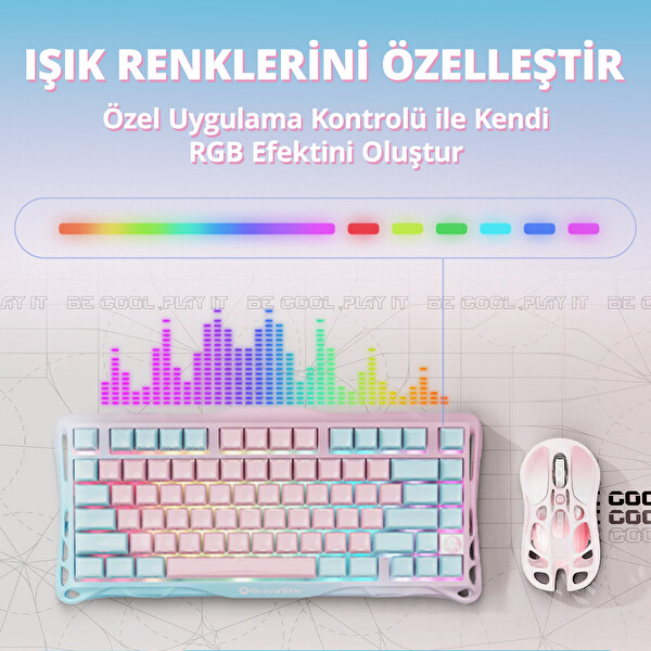 GravaStar Mercury K1 Lite Mekanik Gaming Klavye ve M1 Pro Kablosuz Optik Mouse Seti Lumen Rose