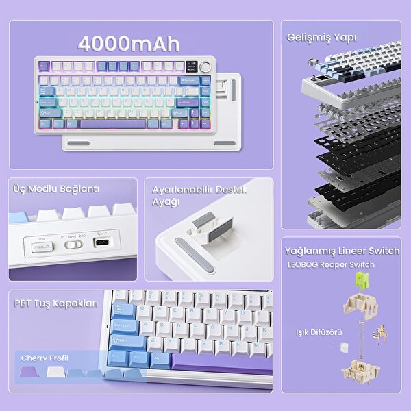 Aula F75 Max Mekanik Kablosuz ve Kablolu Gaming Oyuncu Klavyesi RGB TKL Reaper Switch Hot Swap Makrolu Mor