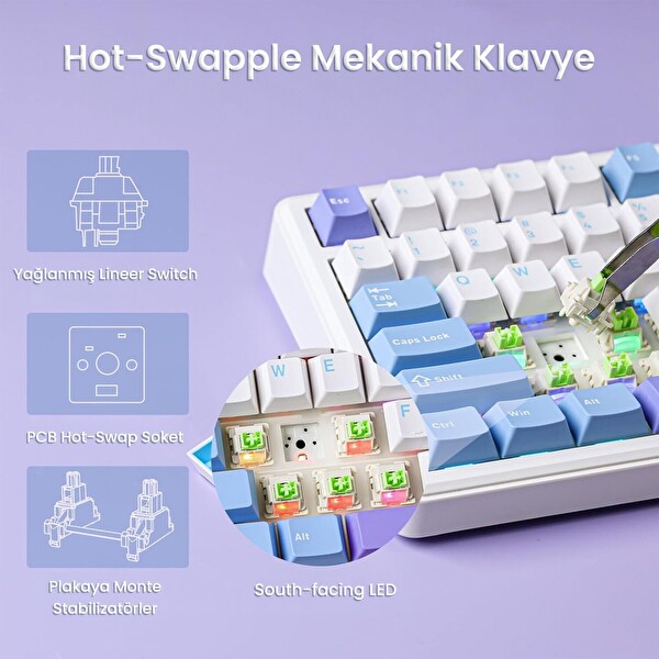 Aula F75 Max Mekanik Kablosuz ve Kablolu Gaming Oyuncu Klavyesi RGB TKL Reaper Switch Hot Swap Makrolu Mor