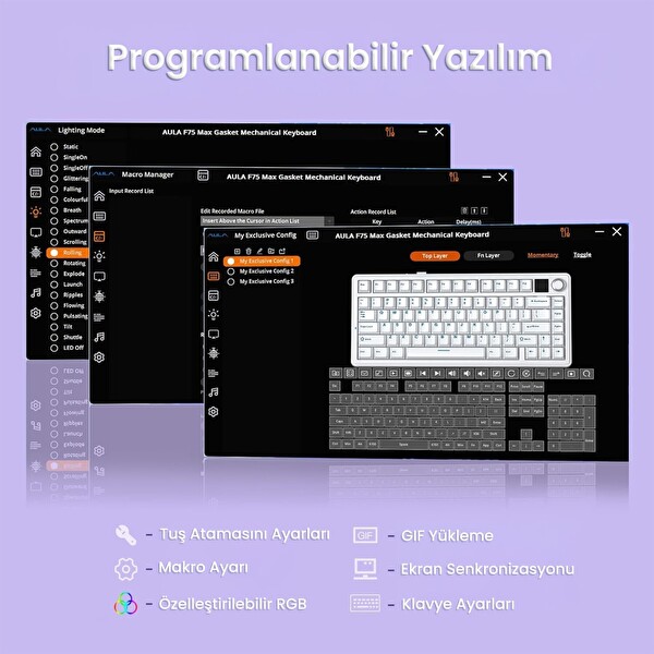 Aula F75 Max Mekanik Kablosuz ve Kablolu Gaming Oyuncu Klavyesi RGB TKL Reaper Switch Hot Swap Makrolu Mor
