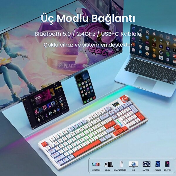 Aula S98 Pro 3 Modlu Mekanik Gaming Kablosuz Klavye RGB Hot Swap Star Vector Switch Makrolu Oyuncu Klavyesi Turuncu