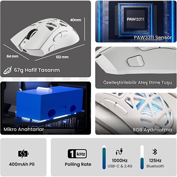 Aula SC620 PAW3311 Sensör 12000 DPI 1000Hz Kablosuz ve Kablolu Gaming Oyuncu Mouse 2.4GHz Beyaz