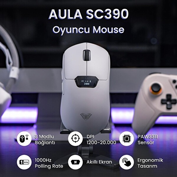 Aula SC390 Akıllı Ekranlı PAW3311 Sensör 20000 DPI 1000Hz Kablosuz ve Kablolu Gaming Oyuncu Mouse 2.4GHz Beyaz