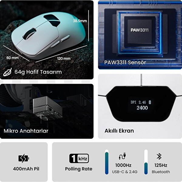 Aula SC390 Akıllı Ekranlı PAW3311 Sensör 20000 DPI 1000Hz Kablosuz ve Kablolu Gaming Oyuncu Mouse 2.4GHz Beyaz