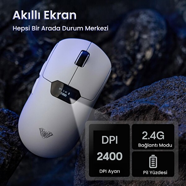 Aula SC390 Akıllı Ekranlı PAW3311 Sensör 20000 DPI 1000Hz Kablosuz ve Kablolu Gaming Oyuncu Mouse 2.4GHz Beyaz