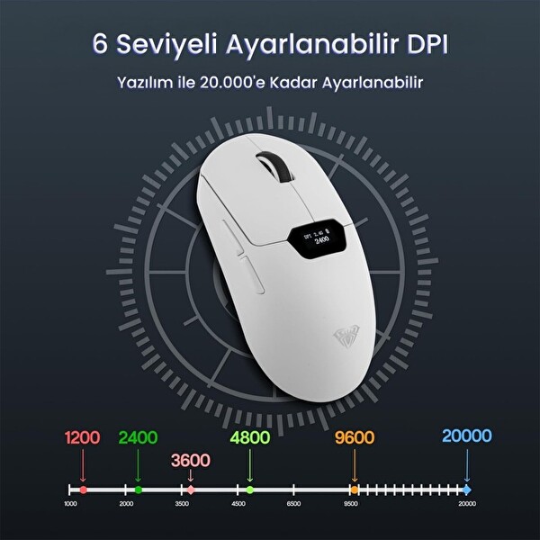 Aula SC390 Akıllı Ekranlı PAW3311 Sensör 20000 DPI 1000Hz Kablosuz ve Kablolu Gaming Oyuncu Mouse 2.4GHz Beyaz