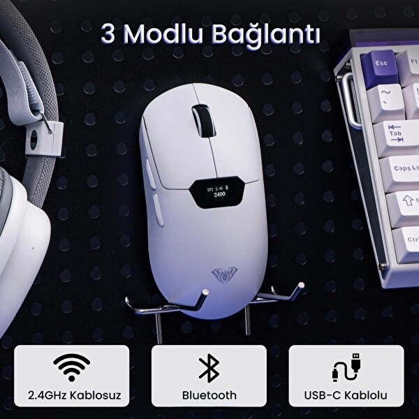 Aula SC390 Akıllı Ekranlı PAW3311 Sensör 20000 DPI 1000Hz Kablosuz ve Kablolu Gaming Oyuncu Mouse 2.4GHz Beyaz