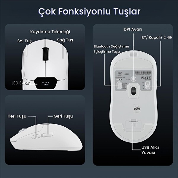 Aula SC390 Akıllı Ekranlı PAW3311 Sensör 20000 DPI 1000Hz Kablosuz ve Kablolu Gaming Oyuncu Mouse 2.4GHz Beyaz