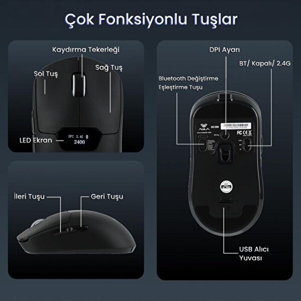 Aula SC390 Akıllı Ekranlı PAW3311 Sensör 20000 DPI 1000Hz Kablosuz ve Kablolu Gaming Oyuncu Mouse 2.4GHz Siyah