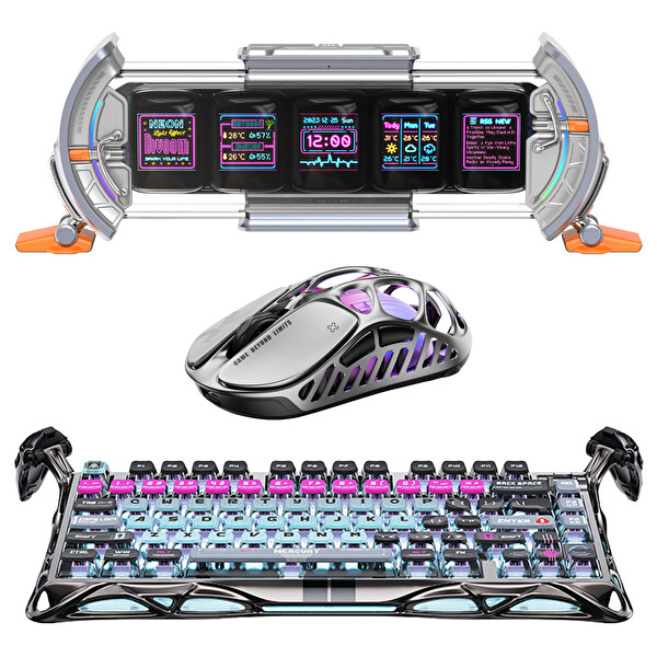 GravaStar V75 Pro Kablolu Manyetik Gaming Klavye X Pro Kablosuz Optik Mouse ve Dijital Resim Çerçevesi Cyberpunk