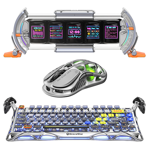 GravaStar K1 Pro Mekanik Gaming Klavye M1 Pro Kablosuz Optik Mouse ve Dijital Resim Çerçevesi Interstellar Silver