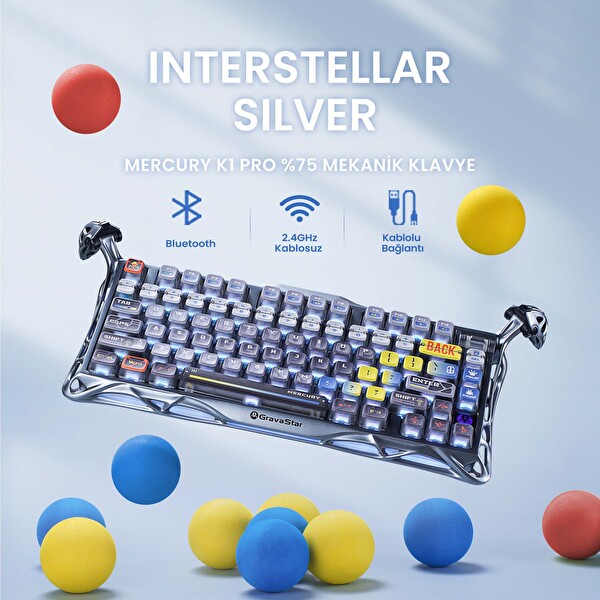 GravaStar K1 Pro Mekanik Gaming Klavye M1 Pro Kablosuz Optik Mouse ve Dijital Resim Çerçevesi Interstellar Silver