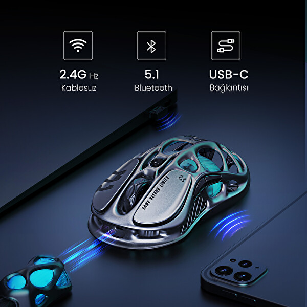 GravaStar K1 Pro Mekanik Gaming Klavye M1 Pro Kablosuz Optik Mouse ve Dijital Resim Çerçevesi Interstellar Silver
