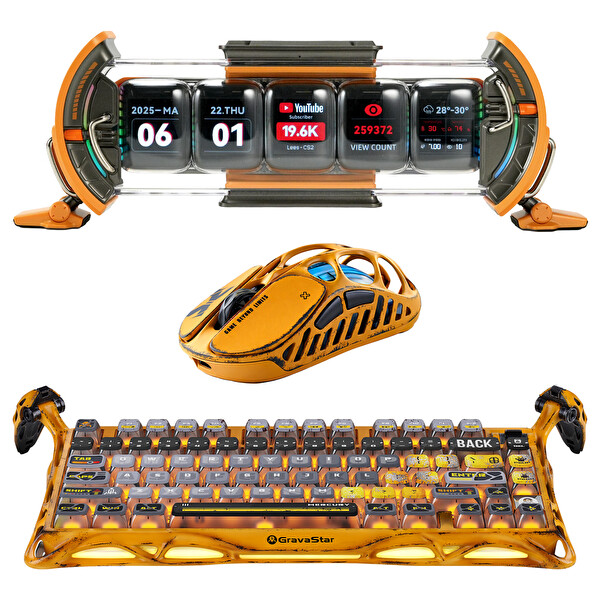 GravaStar K1 Pro Mekanik Gaming Klavye XPro Kablosuz Optik Mouse ve Dijital Resim Çerçevesi Battle-Worn Yellow