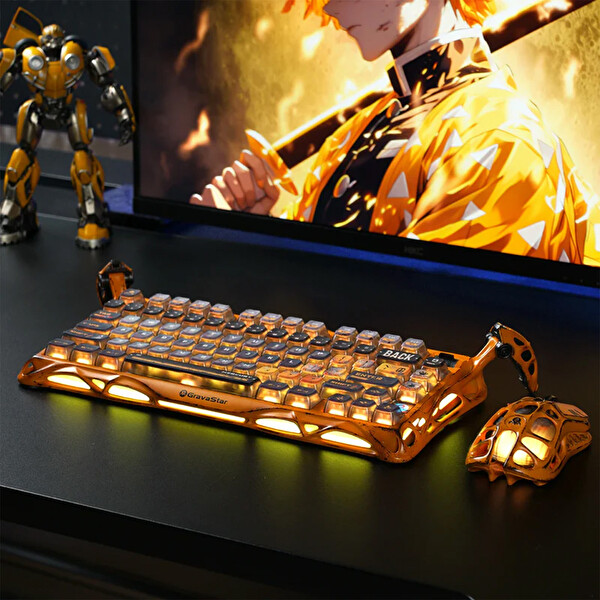 GravaStar K1 Pro Mekanik Gaming Klavye XPro Kablosuz Optik Mouse ve Dijital Resim Çerçevesi Battle-Worn Yellow