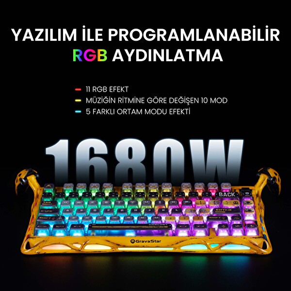 GravaStar K1 Pro Mekanik Gaming Klavye XPro Kablosuz Optik Mouse ve Dijital Resim Çerçevesi Battle-Worn Yellow