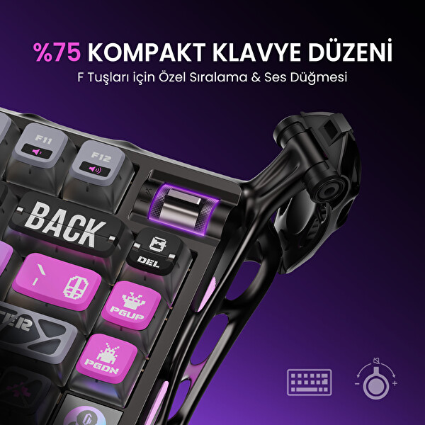GravaStar K1 Pro Mekanik Gaming Klavye X Pro Kablosuz Optik Mouse ve Dijital Resim Çerçevesi Oyuncu Seti Cyberpunk