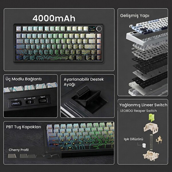 Aula F75 Max Mekanik Kablosuz Kablolu RGB TKL Reaper Switch Hot Swap Makrolu Gaming Klavye Siyah