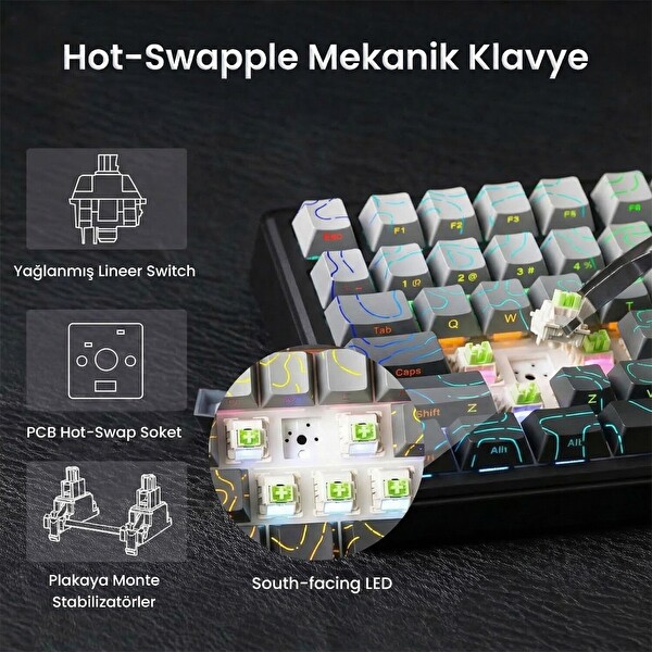 Aula F75 Max Mekanik Kablosuz Kablolu RGB TKL Reaper Switch Hot Swap Makrolu Gaming Klavye Siyah