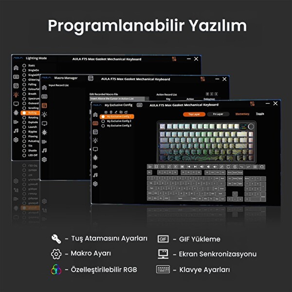 Aula F75 Max Mekanik Kablosuz Kablolu RGB TKL Reaper Switch Hot Swap Makrolu Gaming Klavye Siyah