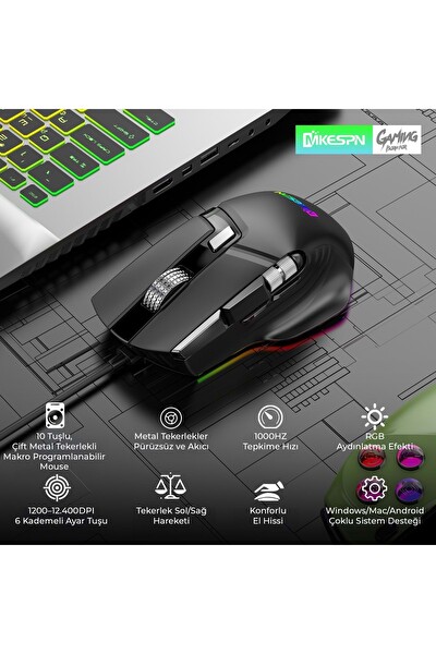 Nodar Mkespn X13 Kablolu 12400 DPİ 10 Tuş Makro Rgb Oyuncu Mouse Siyah