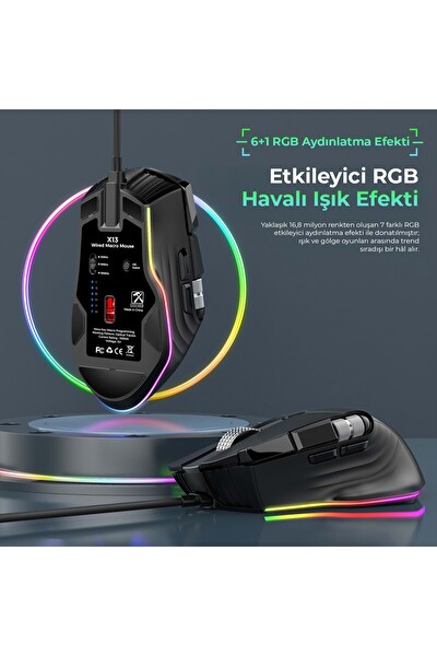 Nodar Mkespn X13 Kablolu 12400 DPİ 10 Tuş Makro Rgb Oyuncu Mouse Siyah
