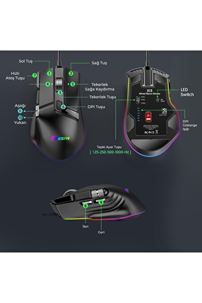 Nodar Mkespn X13 Kablolu 12400 DPİ 10 Tuş Makro Rgb Oyuncu Mouse Siyah