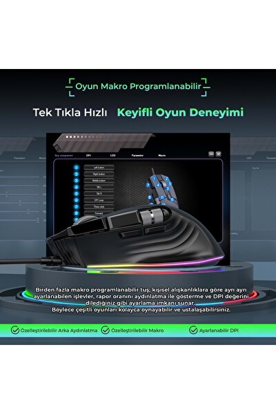 Nodar Mkespn X13 Kablolu 12400 DPİ 10 Tuş Makro Rgb Oyuncu Mouse Siyah