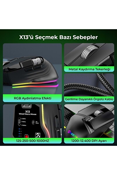 Nodar Mkespn X13 Kablolu 12400 DPİ 10 Tuş Makro Rgb Oyuncu Mouse Siyah