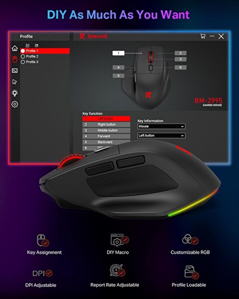 Redragon Büyük Tri Mod 2.4G Bluetooth Kablolu Şarj Edilebilir Kablosuz Oyun Mouse