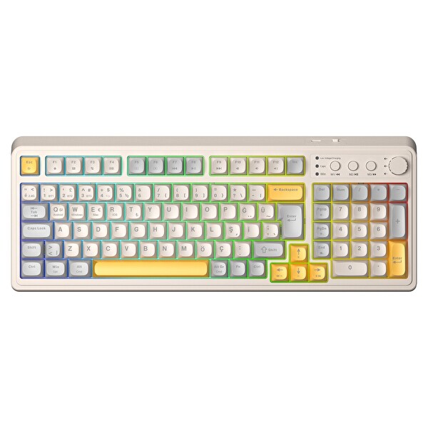 Aula S99 Retro RGB 3 Modlu Bluetooth-2.4GHz-USB-C Makrolu Türkçe Q Klavye Sarı