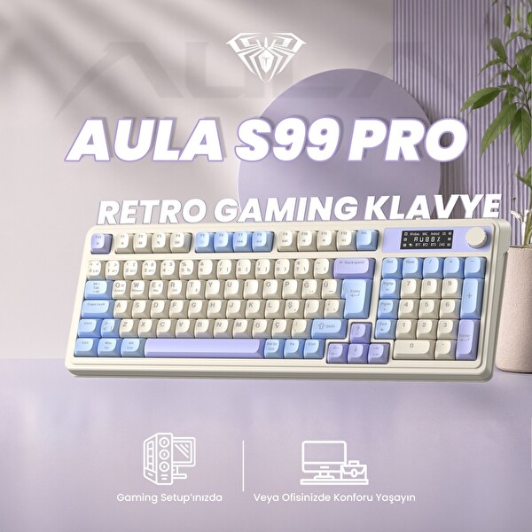 Aula S99 Pro Retro RGB Bluetooth 2.4GHz Type-C 3 Mod Makrolu Türkçe Q Oyuncu Klavye Mavi