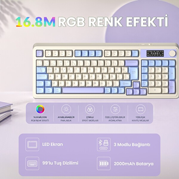 Aula S99 Pro Retro RGB Bluetooth 2.4GHz Type-C 3 Mod Makrolu Türkçe Q Oyuncu Klavye Mavi