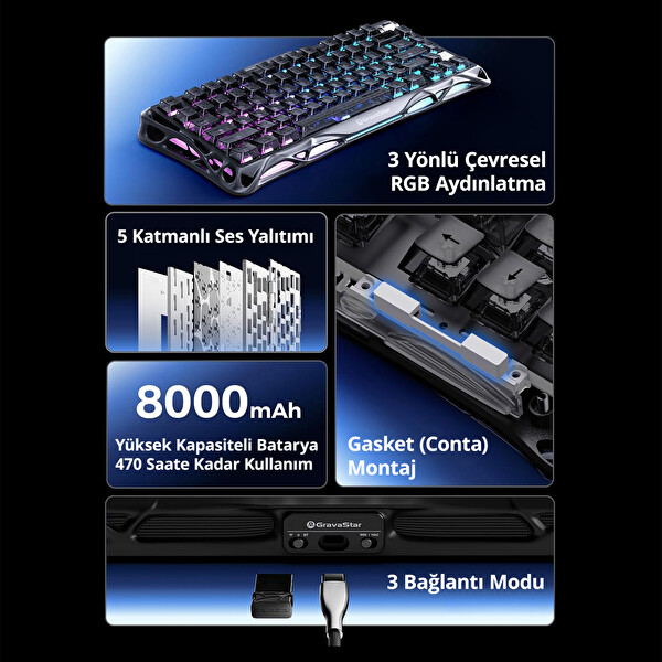 GravaStar Mercury K1 Mekanik Gaming Klavye ve X Kablosuz Optik Mouse Seti Stealth Black
