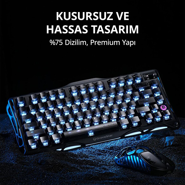 GravaStar Mercury K1 Mekanik Gaming Klavye ve X Kablosuz Optik Mouse Seti Stealth Black