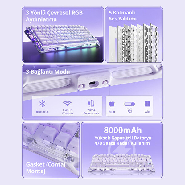 GravaStar Mercury K1 Mekanik Gaming Klavye ve M1 Pro Kablosuz Optik Mouse Seti Lavender Purple