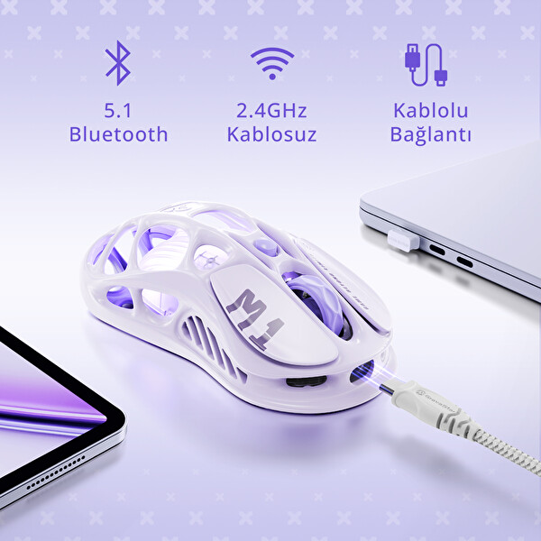 GravaStar Mercury K1 Mekanik Gaming Klavye ve M1 Pro Kablosuz Optik Mouse Seti Lavender Purple