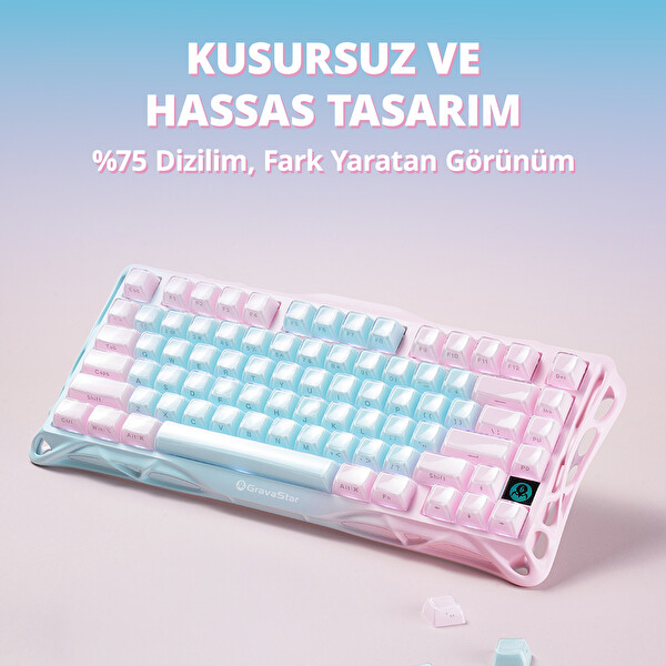 GravaStar Mercury K1 Lite RGB Kablosuz Mekanik İngilizce Q Gaming Klavye Aurora Mist