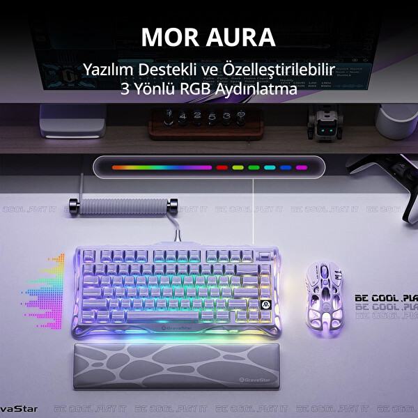 GravaStar Mercury K1 RGB Kablosuz Mekanik İngilizce Q Gaming Klavye Lavender Purple