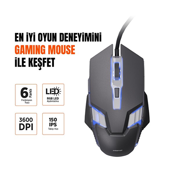 Polosmart PGM37 Kablolu RGB Led Aydınlatmalı 6 Tuşlu 3600DPI Gaming Mouse Siyah