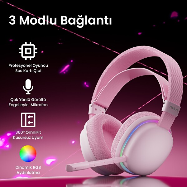 Aula G7 Tri Mode Kablosuz RGB Gaming 40 MM Driver Gürültü Engelleyici Mikrofonlu E-Spor Oyuncu Kulaklığı Pembe