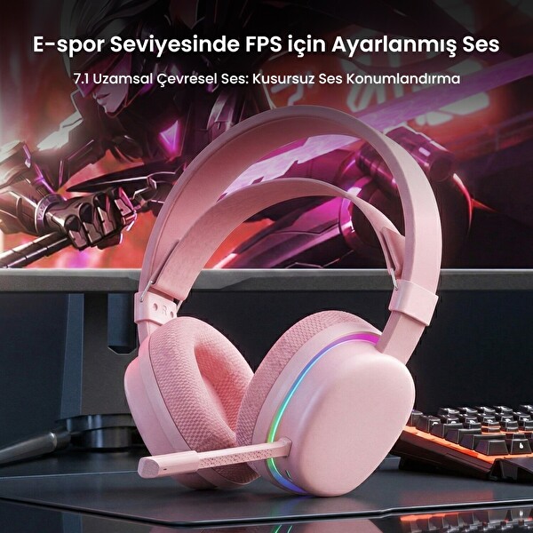 Aula G7 Tri Mode Kablosuz RGB Gaming 40 MM Driver Gürültü Engelleyici Mikrofonlu E-Spor Oyuncu Kulaklığı Pembe