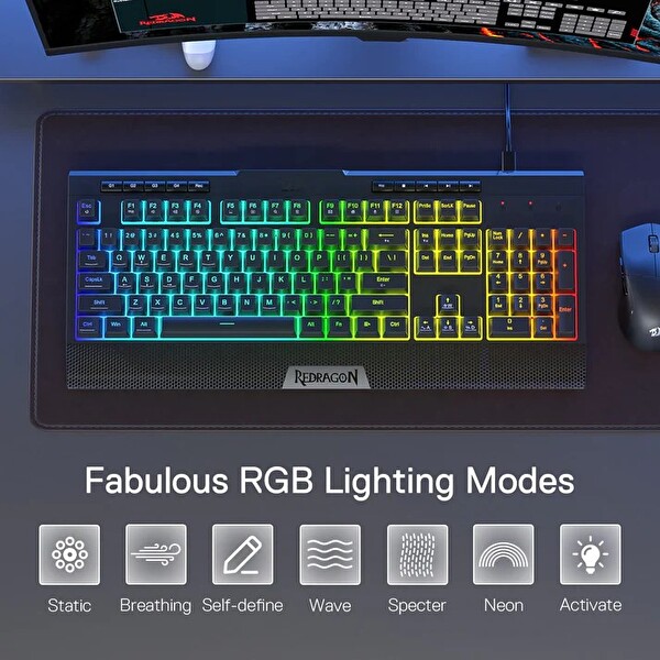 Redragon K525 104 Tuşlu Kablolu RGB Membran Türkçe Mekanik Hissi ve Smooth Linear Switch 26 Anti-Hayalet Oyuncu Klavyesi