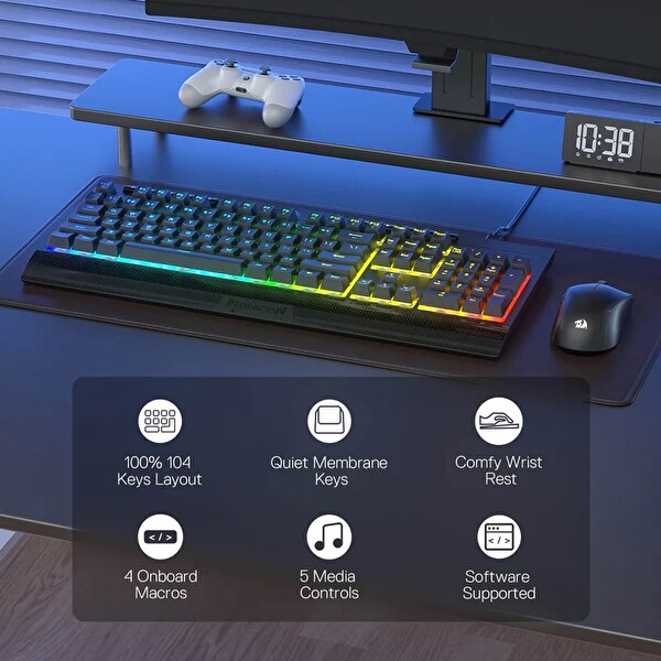 Redragon K525 104 Tuşlu Kablolu RGB Membran Türkçe Mekanik Hissi ve Smooth Linear Switch 26 Anti-Hayalet Oyuncu Klavyesi